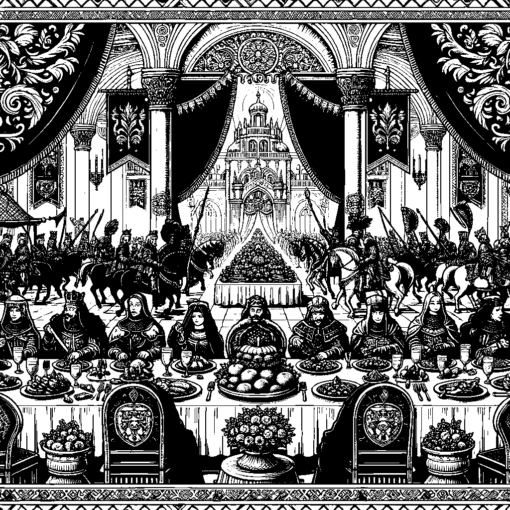 A Royal Feast In A Great Hall With Banners