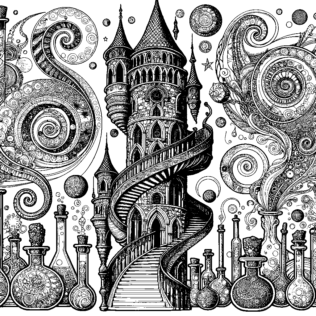 A Wizard's Tower With Spiral Staircase And Potions