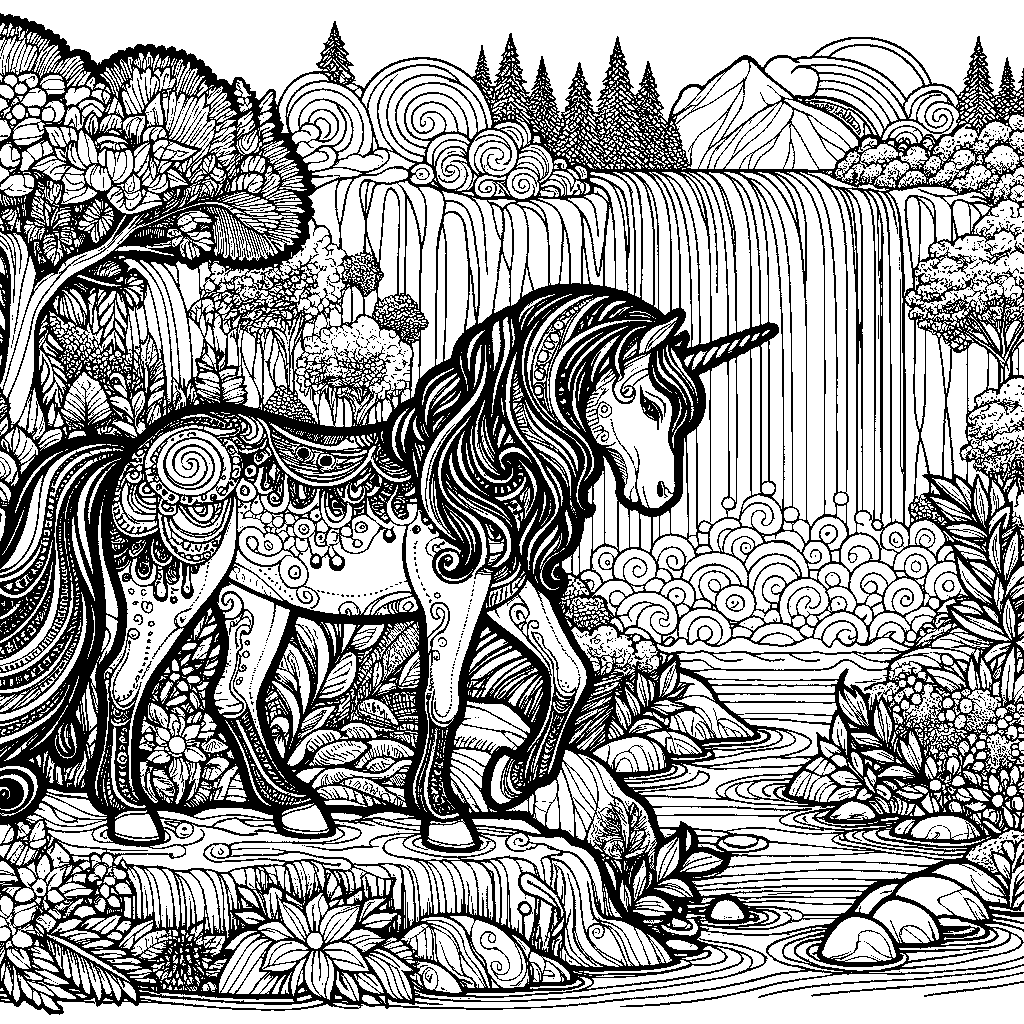 A Unicorn Near A Waterfall
