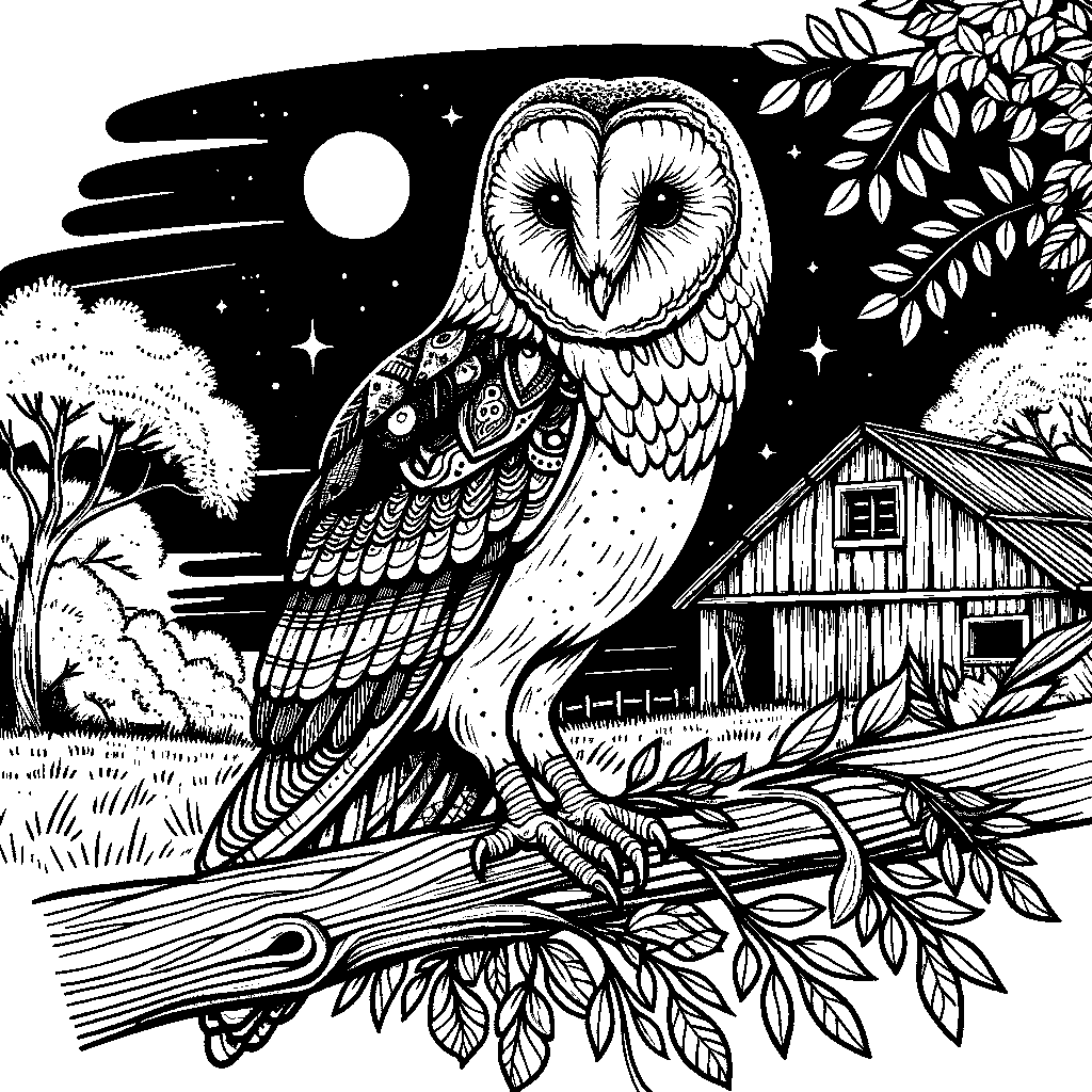 A Barn Owl Perched On A Wooden Beam At Night