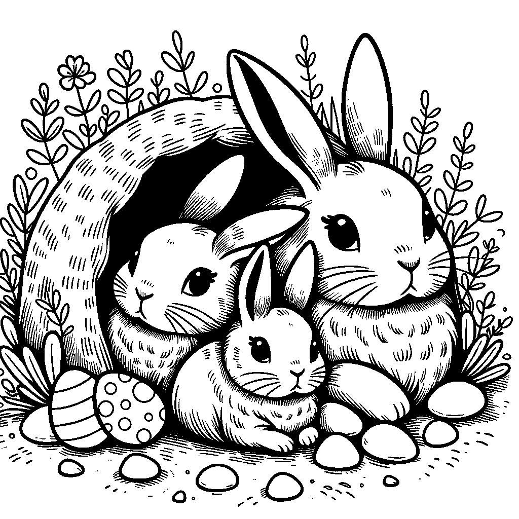 A Family Of Rabbits In A Burrow