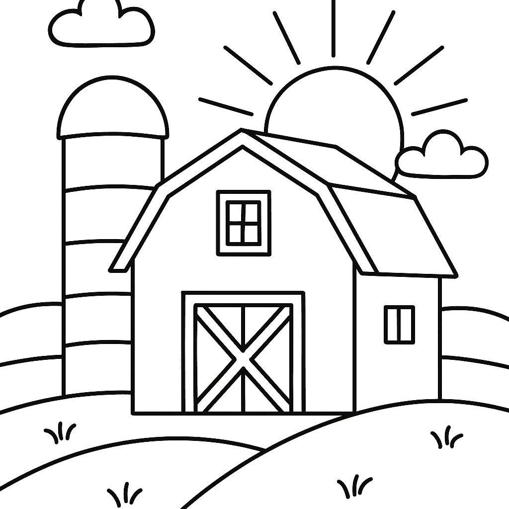 A Big Red Barn With A Silo At Sunrise