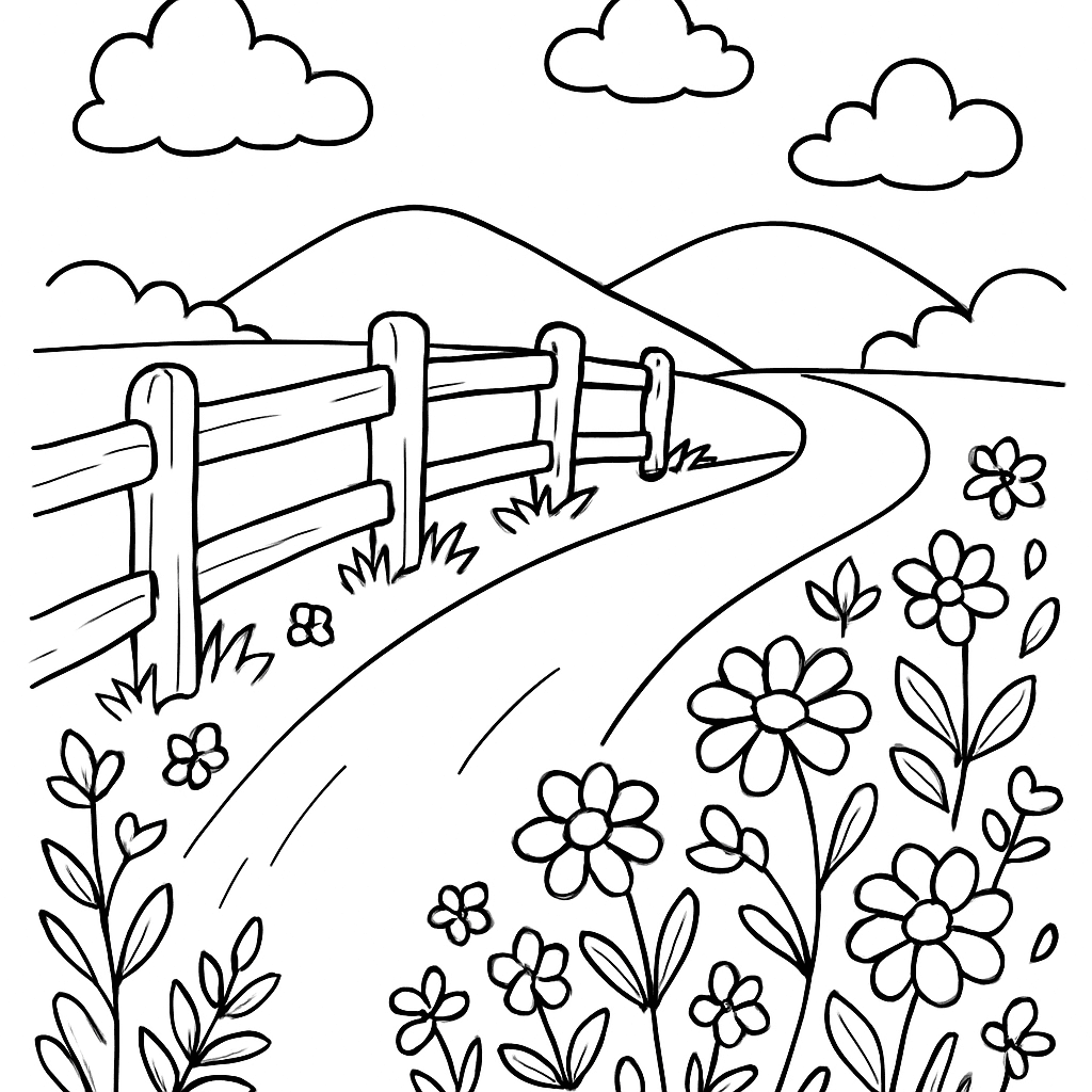 A Country Road With A Wooden Fence And Wildflowers