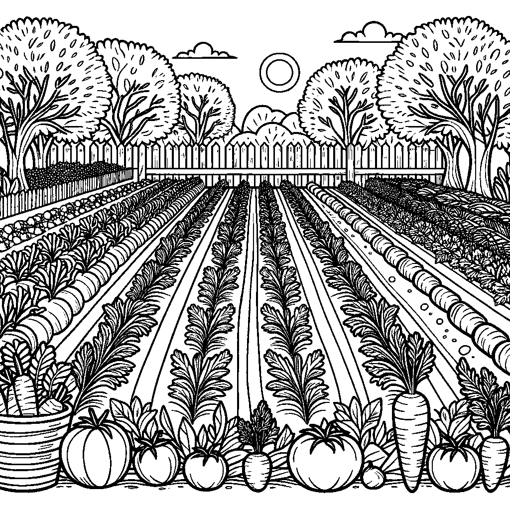 A Vegetable Garden With Rows Of Carrots And Tomatoes