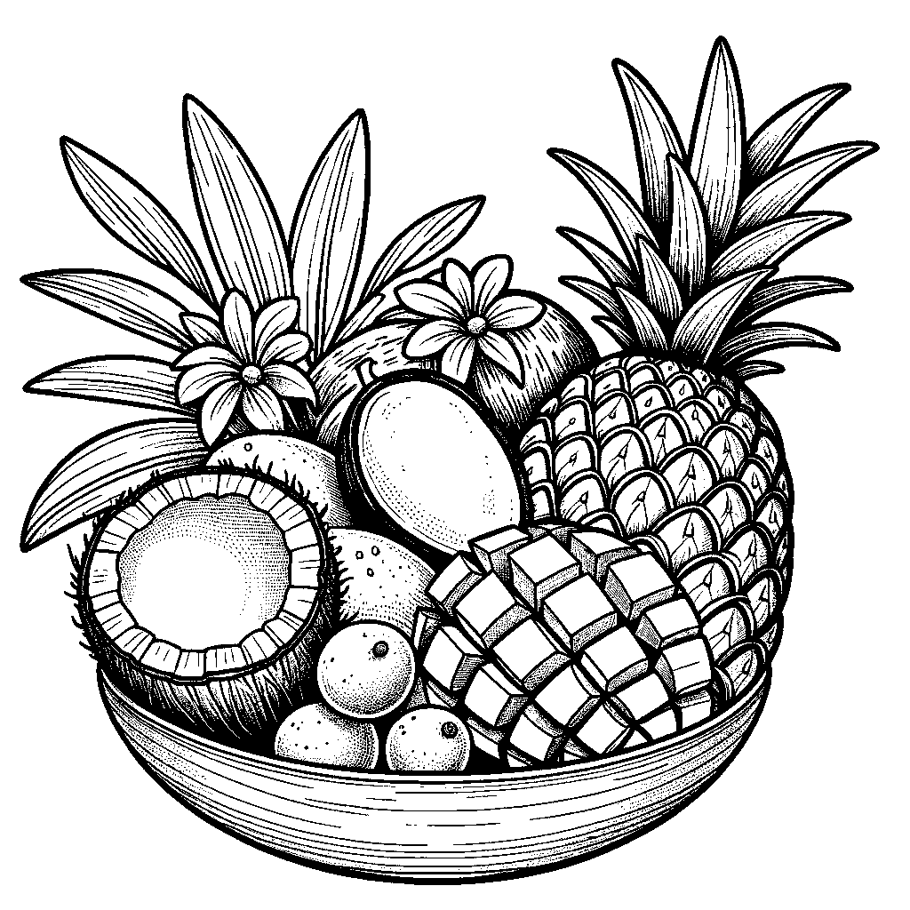 A Tropical Fruit Bowl With Pineapple, Mango, And Coconut