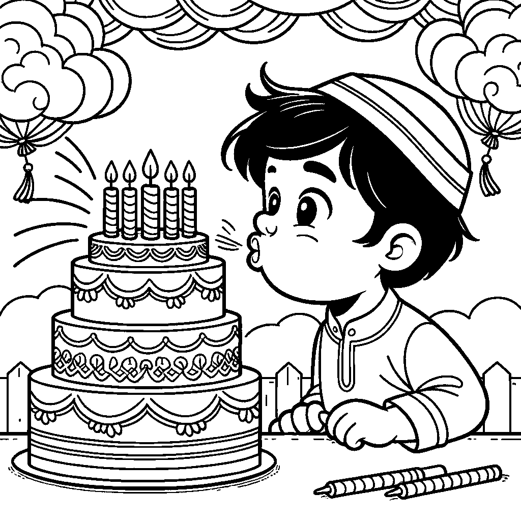 A Child Blowing Out Candles On A Tiered Birthday Cake