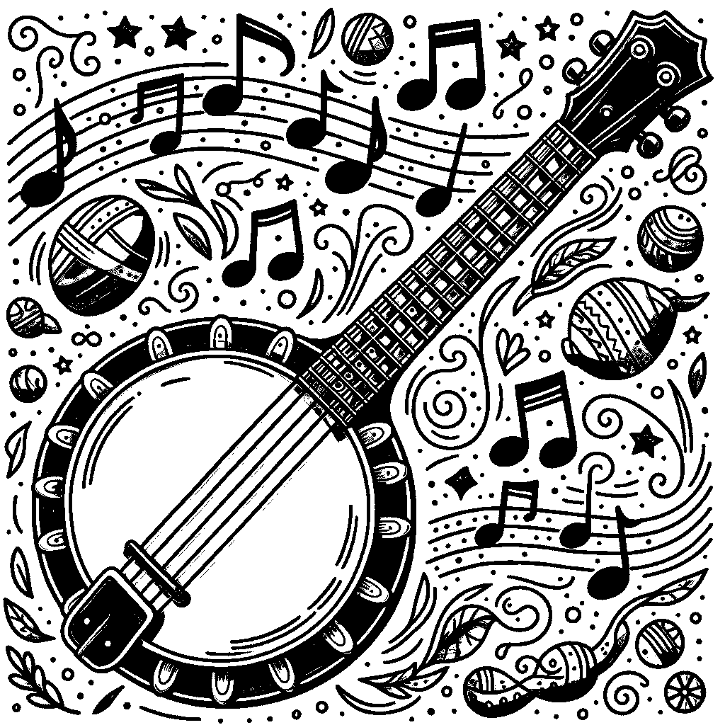 A Banjo With Music Notes Floating Around