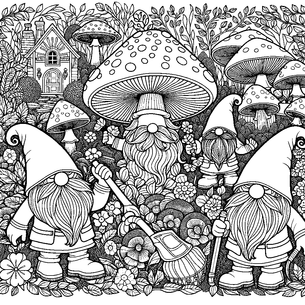 Garden Gnomes Tending To Mushroom Houses