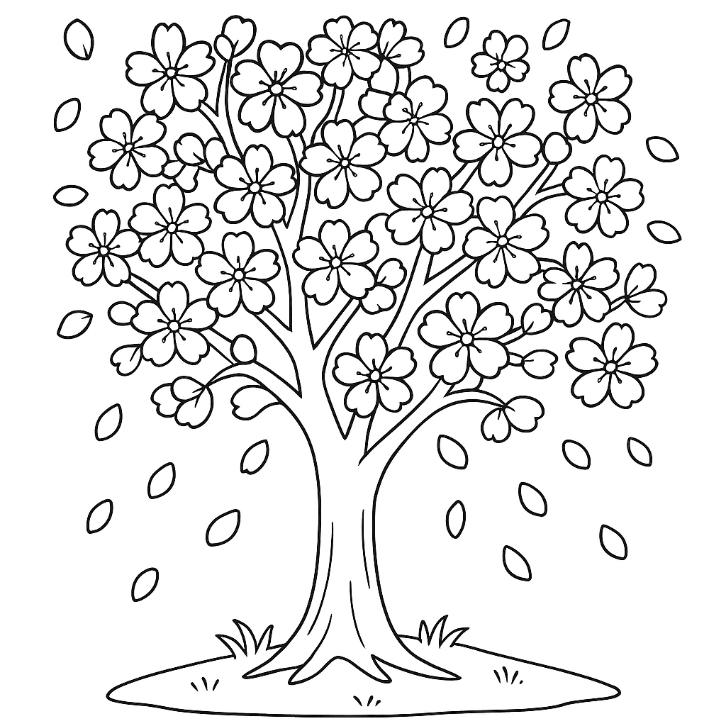 A Cherry Blossom Tree In Full Bloom With Falling Petals