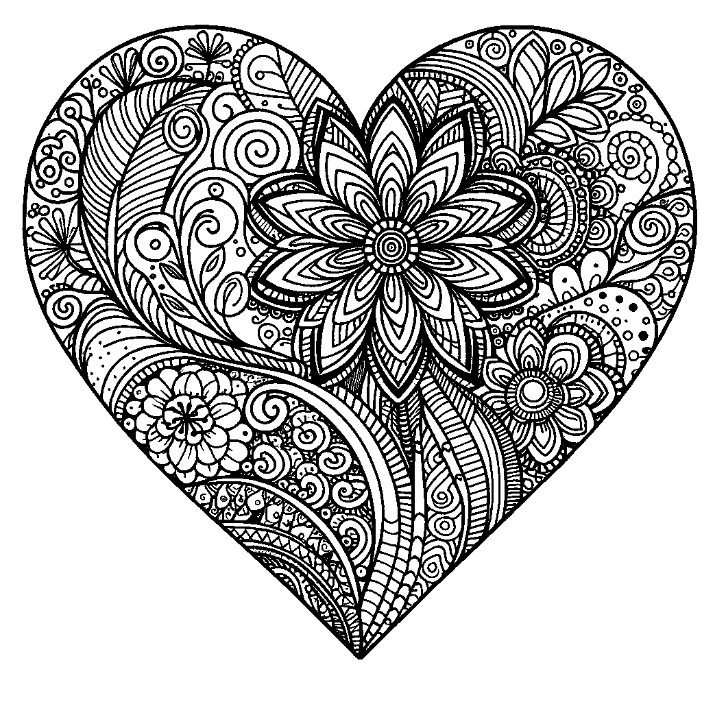 A Zentangle Heart With Flowers And Spiral Patterns Inside