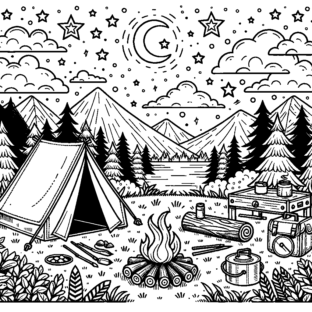 A Camping Scene With A Tent, Campfire, And Stars