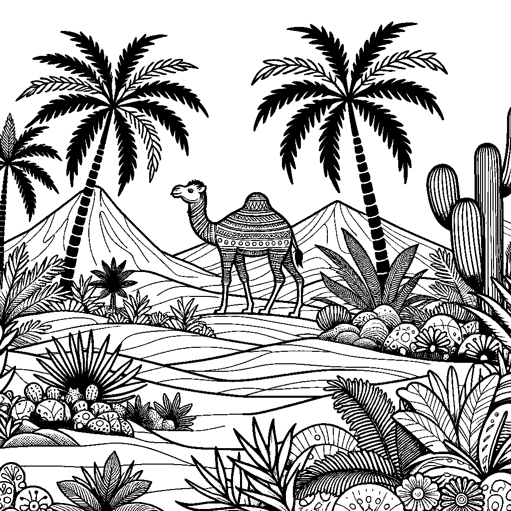 A Desert Oasis With Palm Trees And A Camel