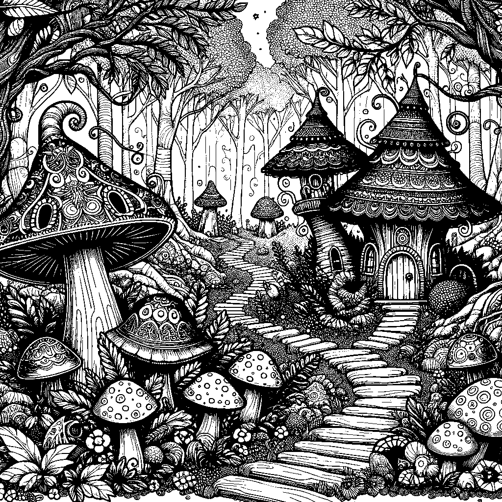 A Magical Forest With Mushroom Houses And Fairy Paths