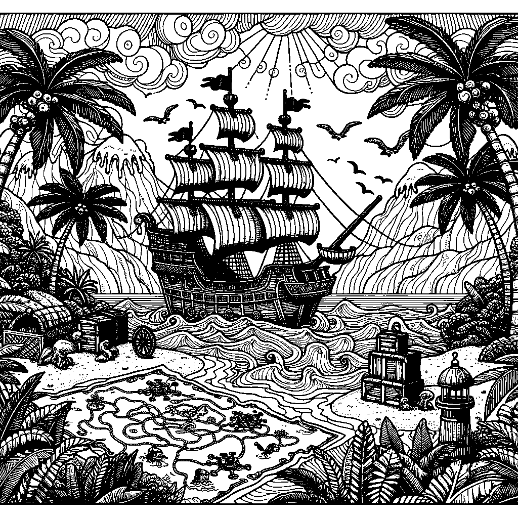 A Pirate Island With Palm Trees And A Treasure Map