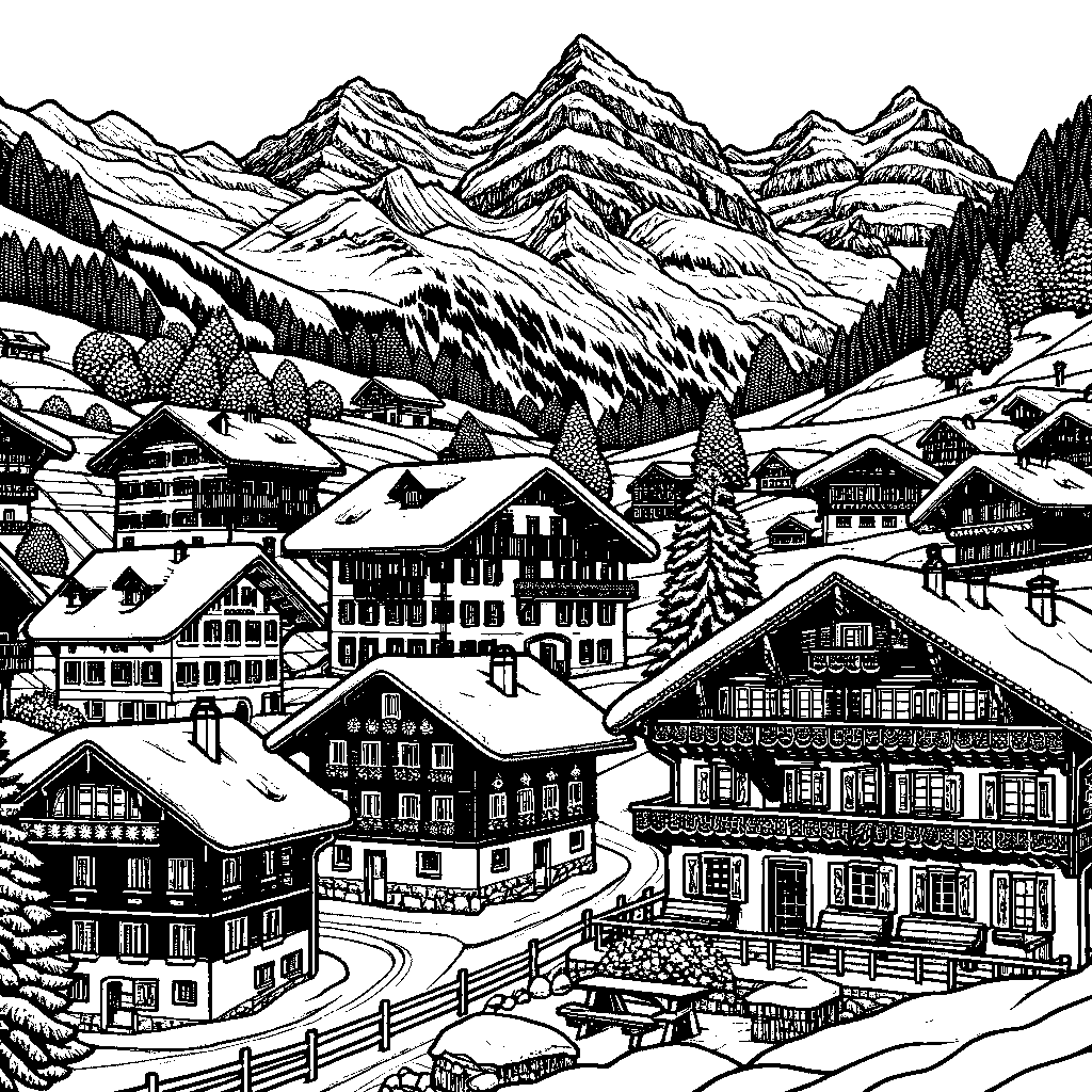 A Swiss Village With Chalets And Snowy Mountains