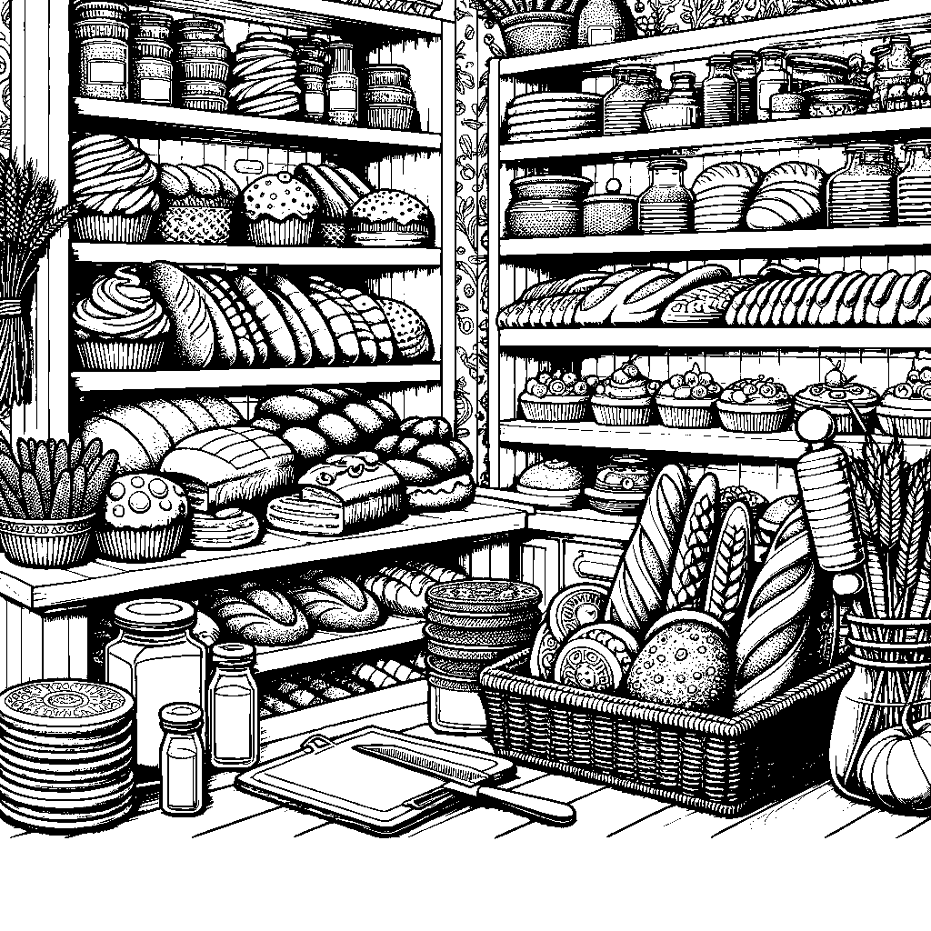 A Bakery Kitchen With Bread And Pastries On Shelves