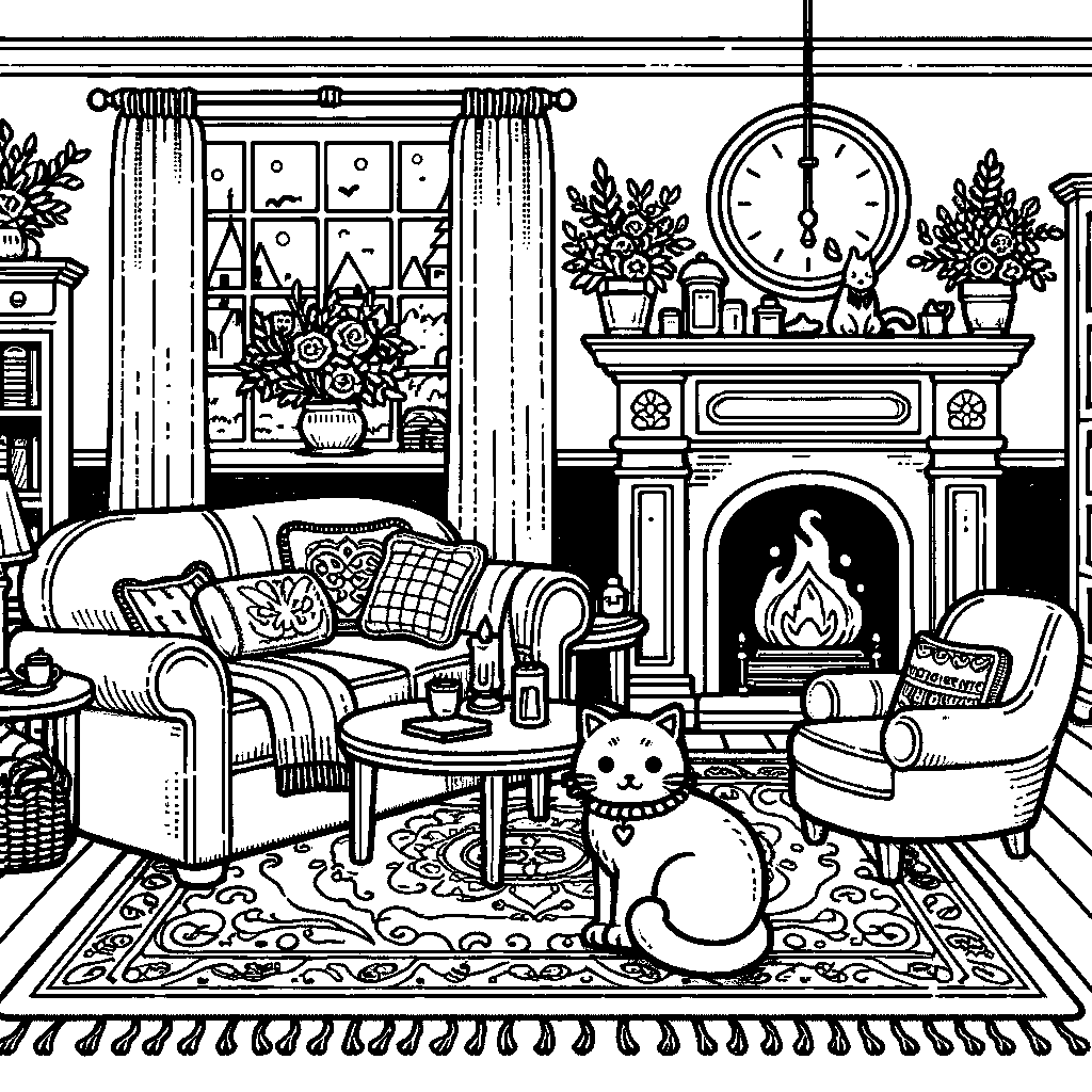 A Cozy Living Room With A Fireplace And Cat On A Rug