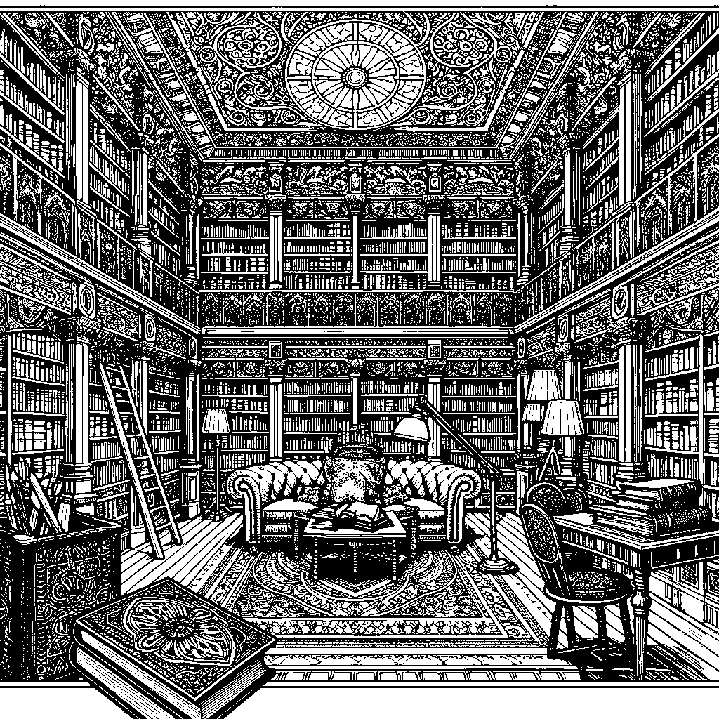 A Library With Tall Bookshelves And A Reading Nook