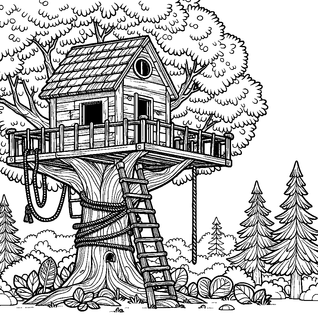 A Treehouse With A Rope Ladder And Lookout Window