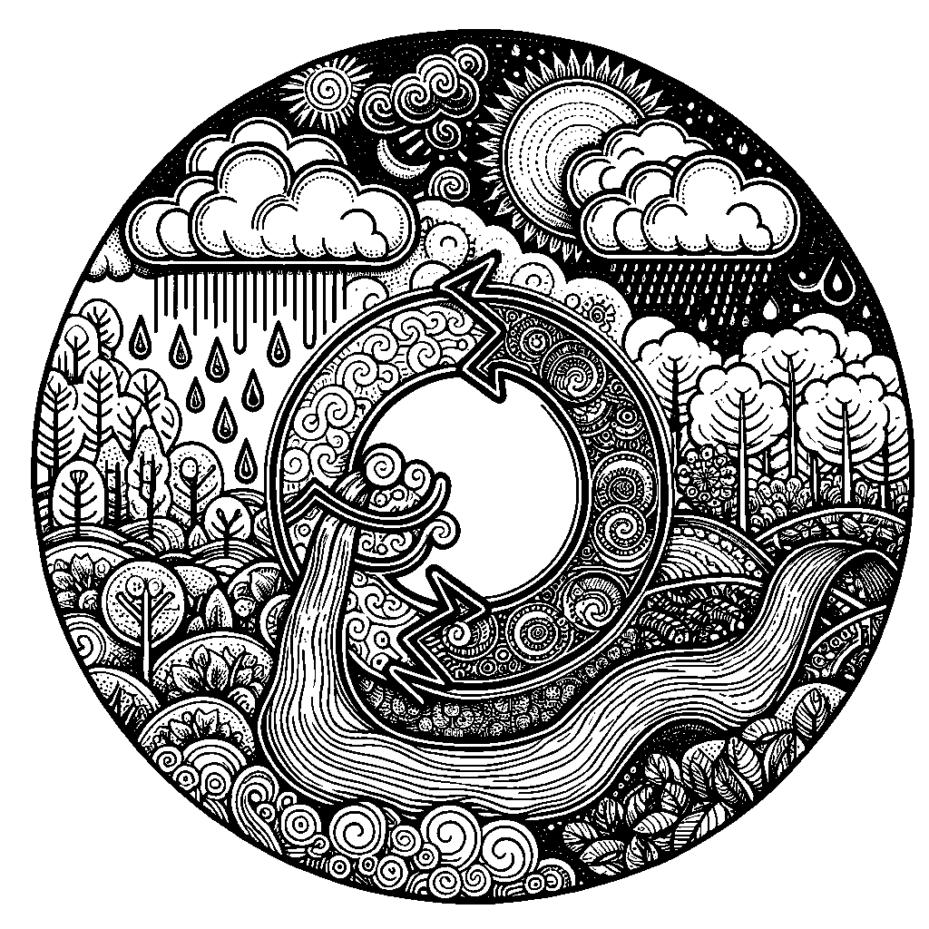 The Water Cycle With Clouds, Rain, And Rivers