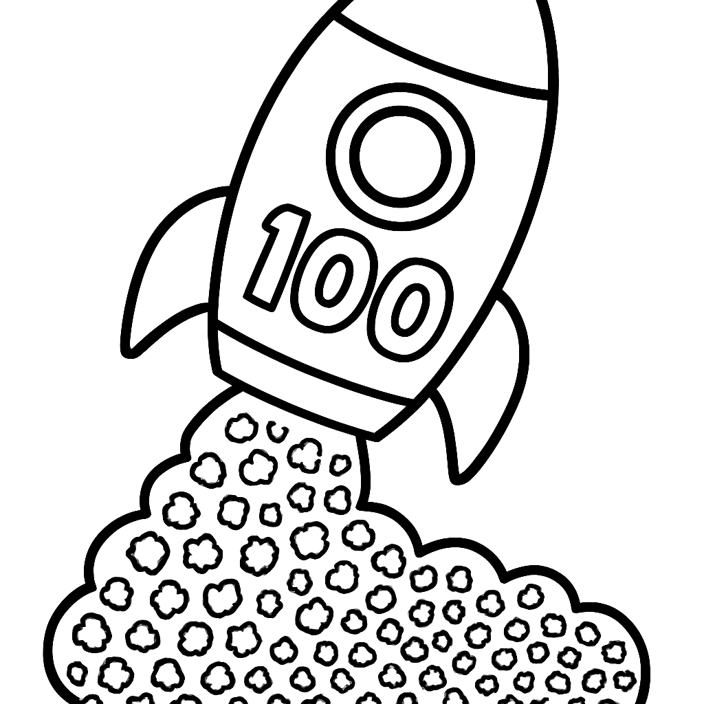 A Rocket Ship Launching With The Number 100 On Its Side And 100 Tiny Exhaust Puffs