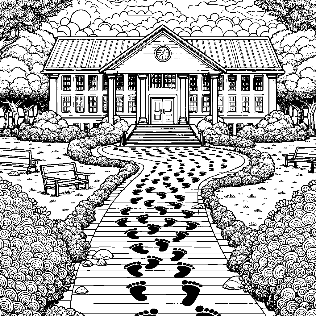 A Trail Of 100 Footprints Going Around A School Building