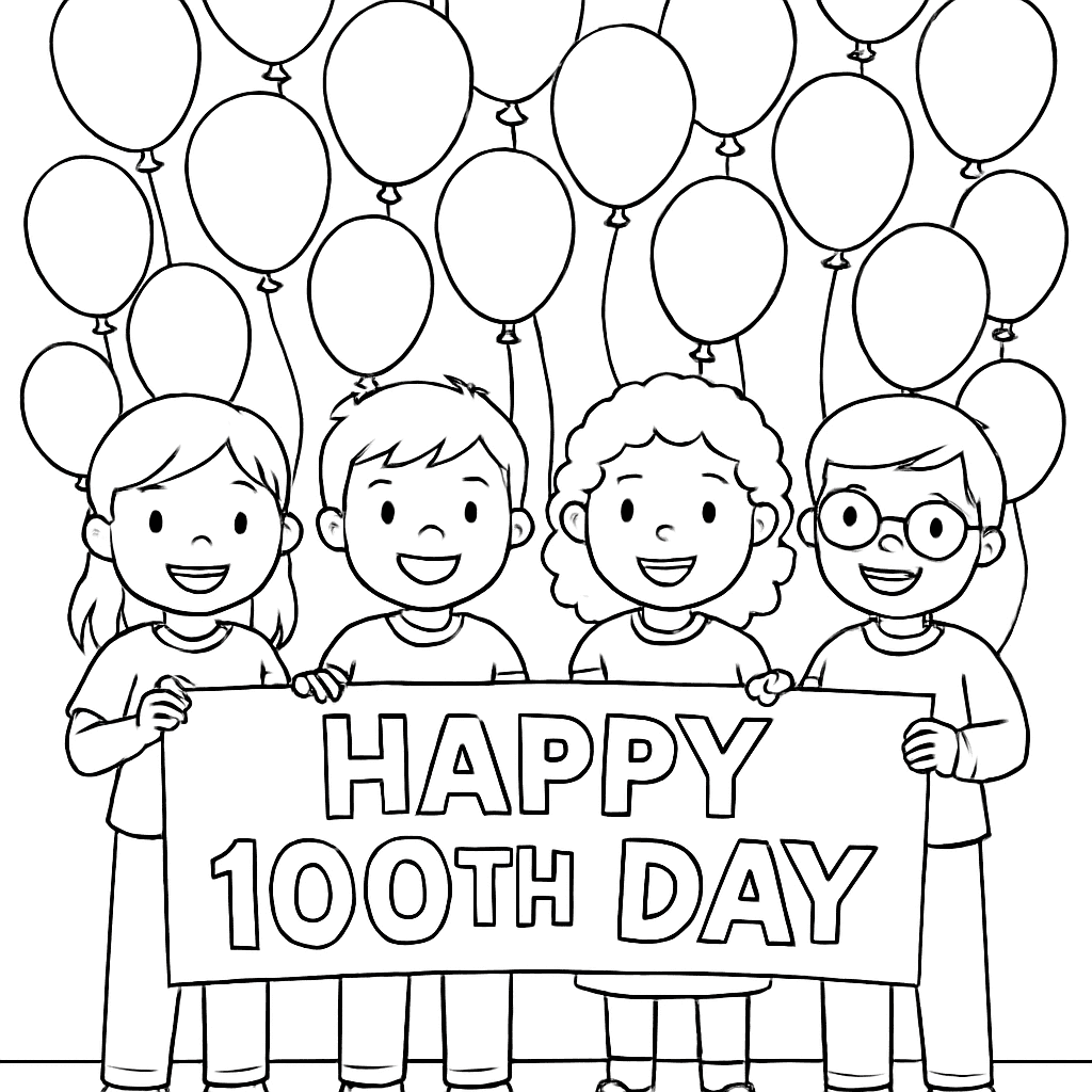 Children Holding A Banner That Reads Happy 100th Day With 100 Balloons In The Background