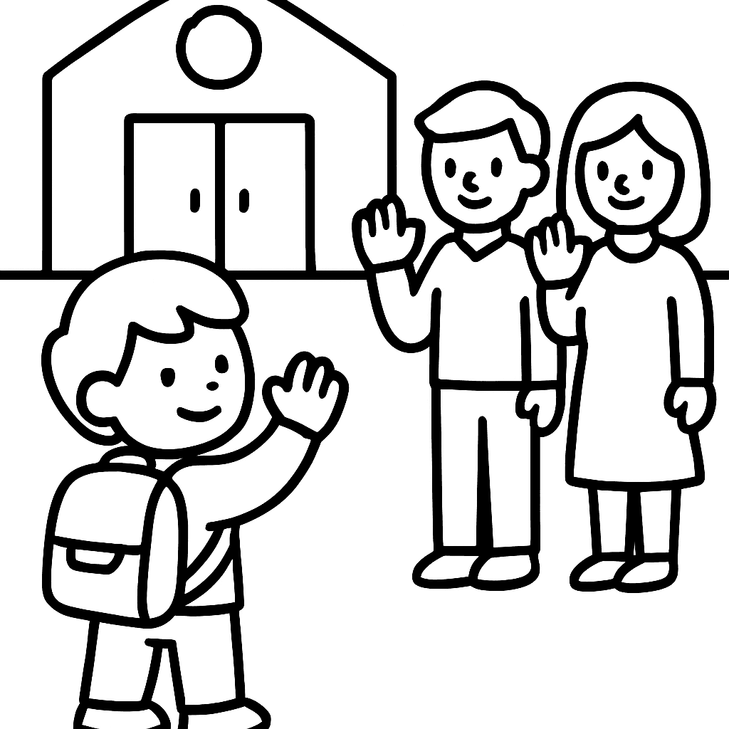 A Child Waving Goodbye To Parents On The First Day Of School At The School Entrance