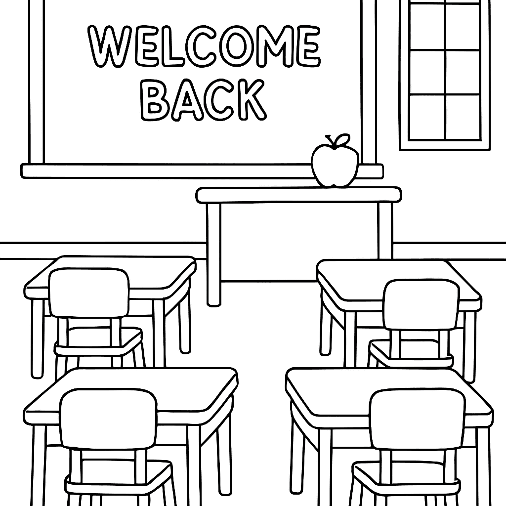 A Classroom Scene With Desks, A Chalkboard That Says Welcome Back, And An Apple On The Teacher's Desk