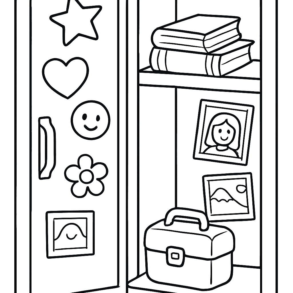 A Locker Decorated With Stickers And Photos With Books And A Lunchbox Inside