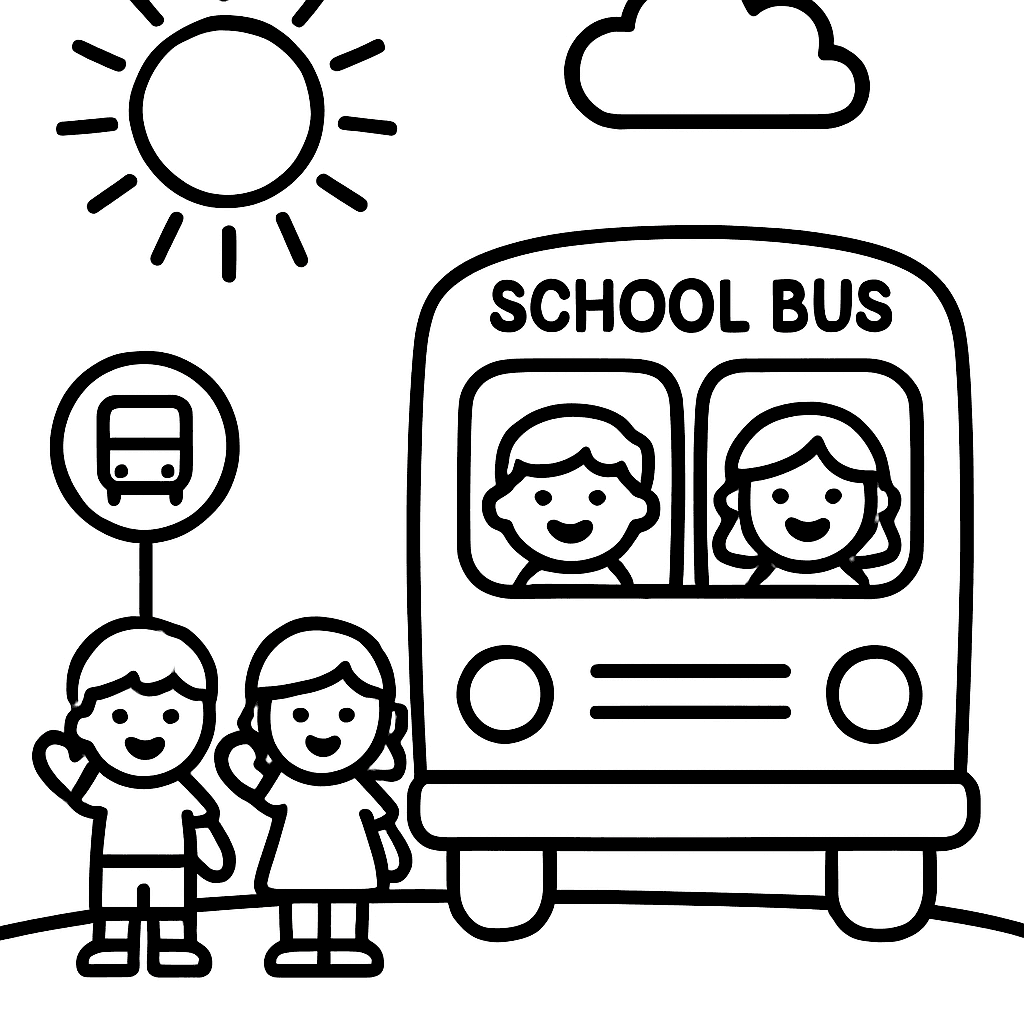A School Bus Picking Up Happy Children At A Bus Stop On A Sunny Morning
