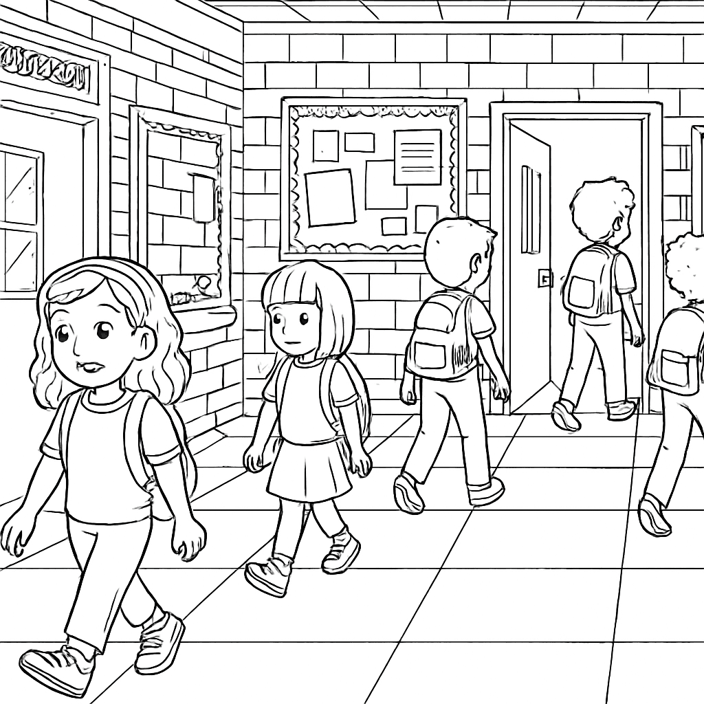 A School Hallway Scene With Classrooms, Bulletin Boards, Water Fountains, And Children Walking