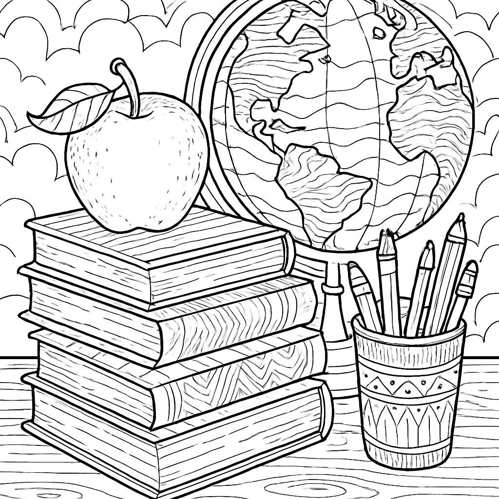A Stack Of Textbooks With An Apple, Pencil Cup, And A Globe On A Desk