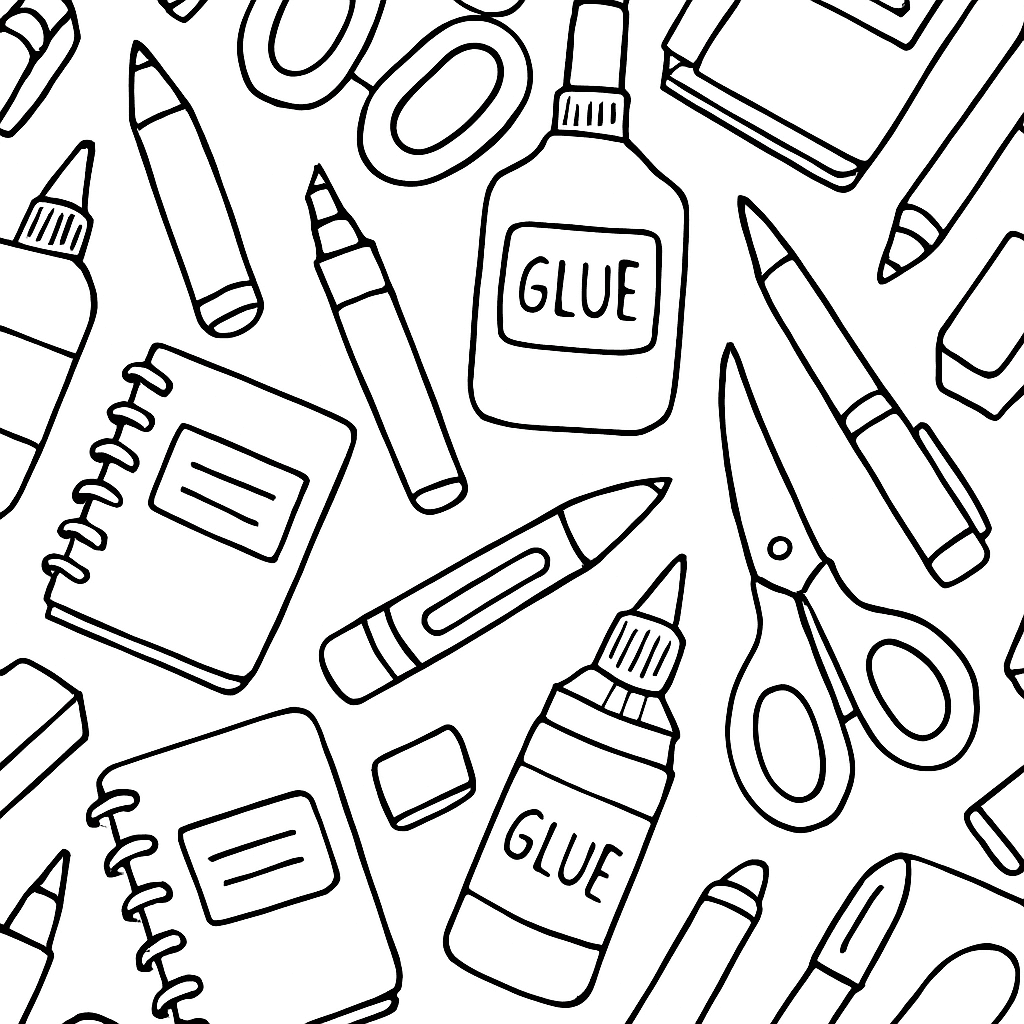 School Supplies Arranged In A Pattern: Scissors, Glue, Markers, Notebooks, And Erasers