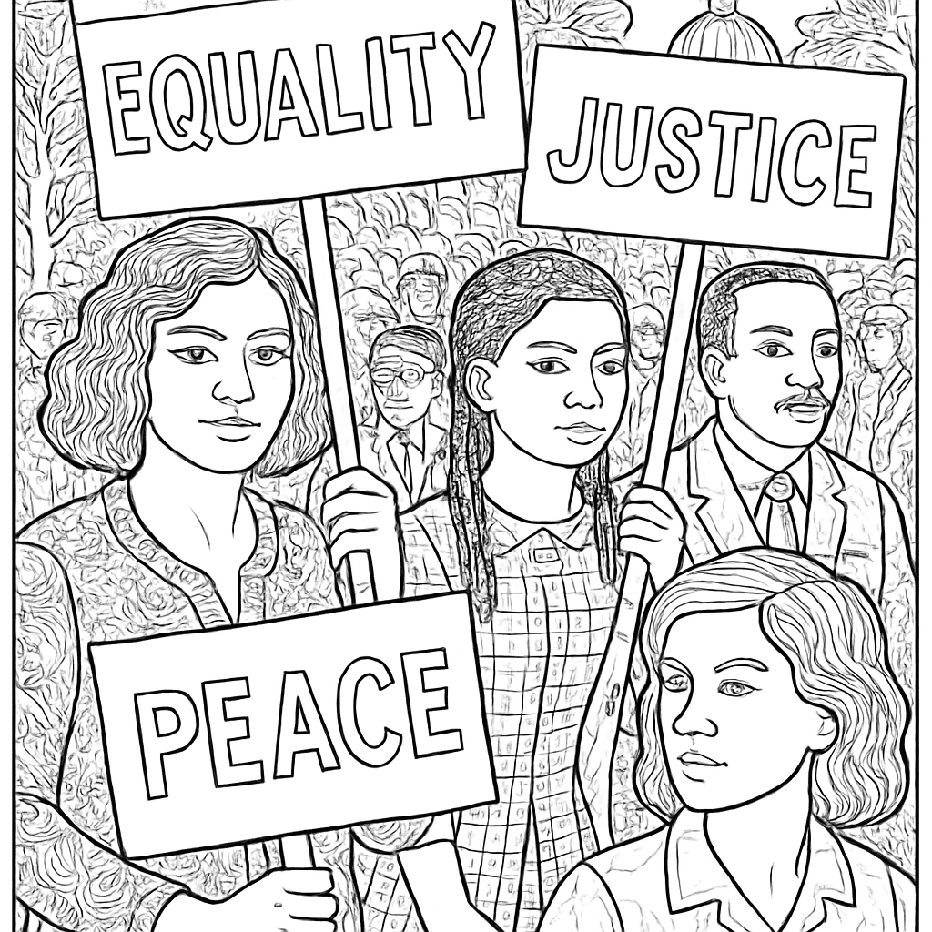 A Civil Rights March Scene With People Carrying Signs That Say Equality, Justice, And Peace