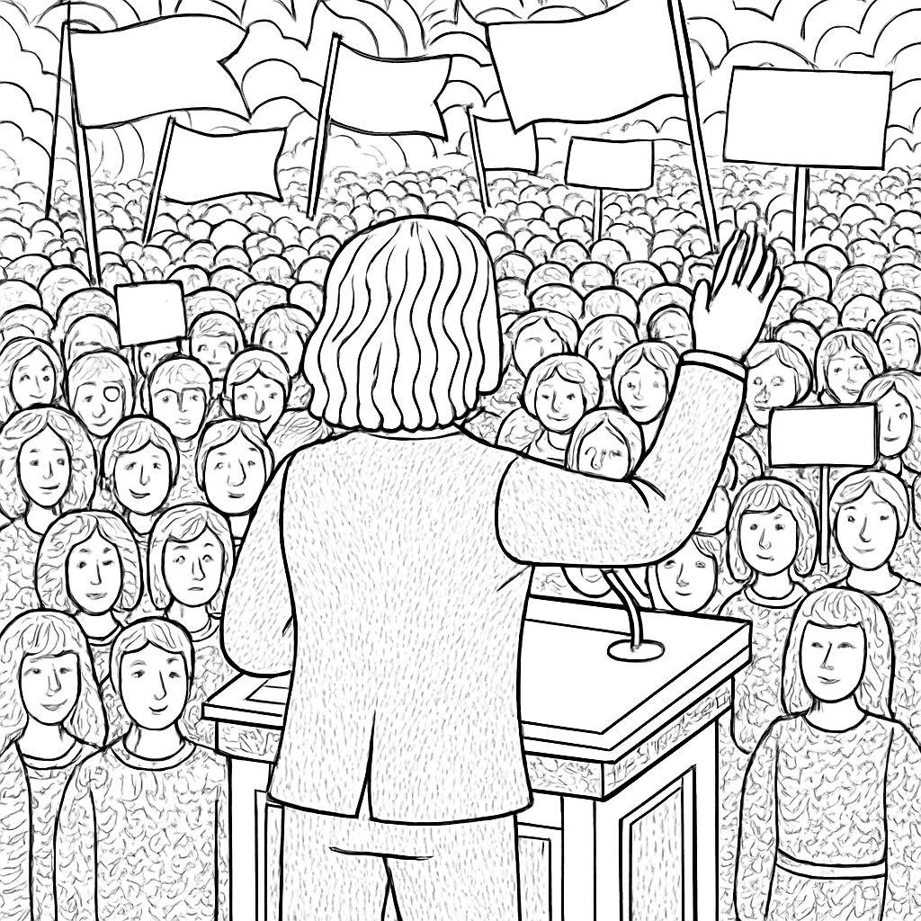 A Podium Scene With A Speaker Addressing A Large Peaceful Crowd With Flags And Banners