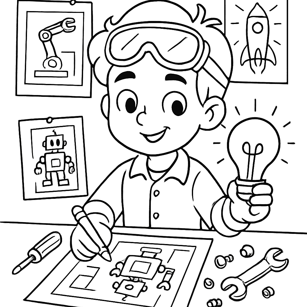 A Young Inventor At A Desk Surrounded By Blueprints, Tools, And A Working Lightbulb Prototype