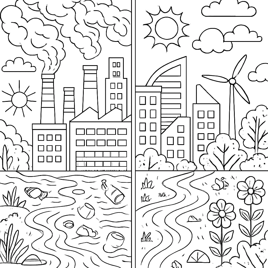 A Before And After Split Scene: Polluted City On One Side, Clean Green City On The Other