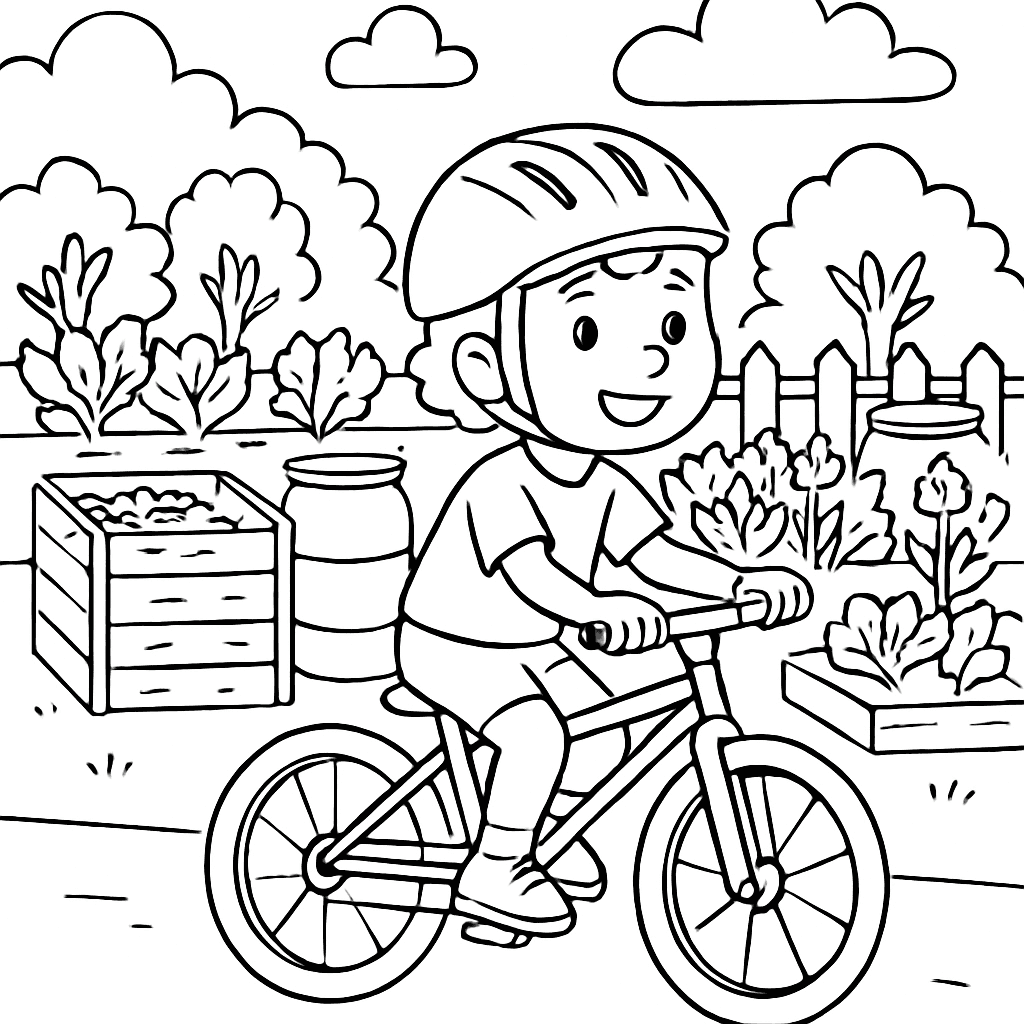 A Child Riding A Bicycle Past A Community Garden With Compost Bins And Rain Barrels