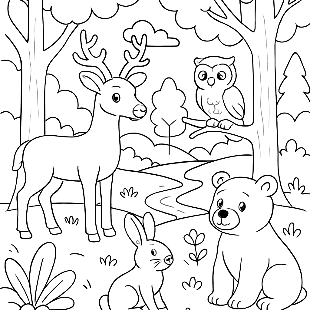 A Forest Scene Showing Animals In Their Natural Habitat: Deer, Owl, Rabbit, And Bear