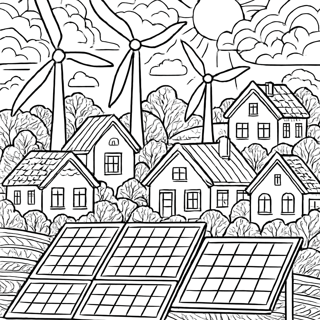 A Wind Farm And Solar Panels Powering A Neighborhood With Clean Energy