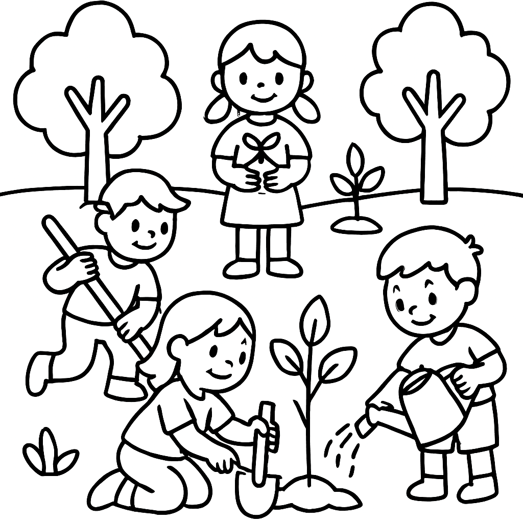 Children Planting Trees Together In A Park With Shovels, Watering Cans, And Seedlings