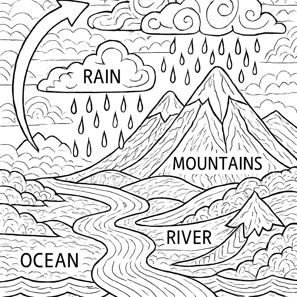 The Water Cycle Shown Over A Landscape: Ocean, Clouds, Rain, River, And Mountains With Labels