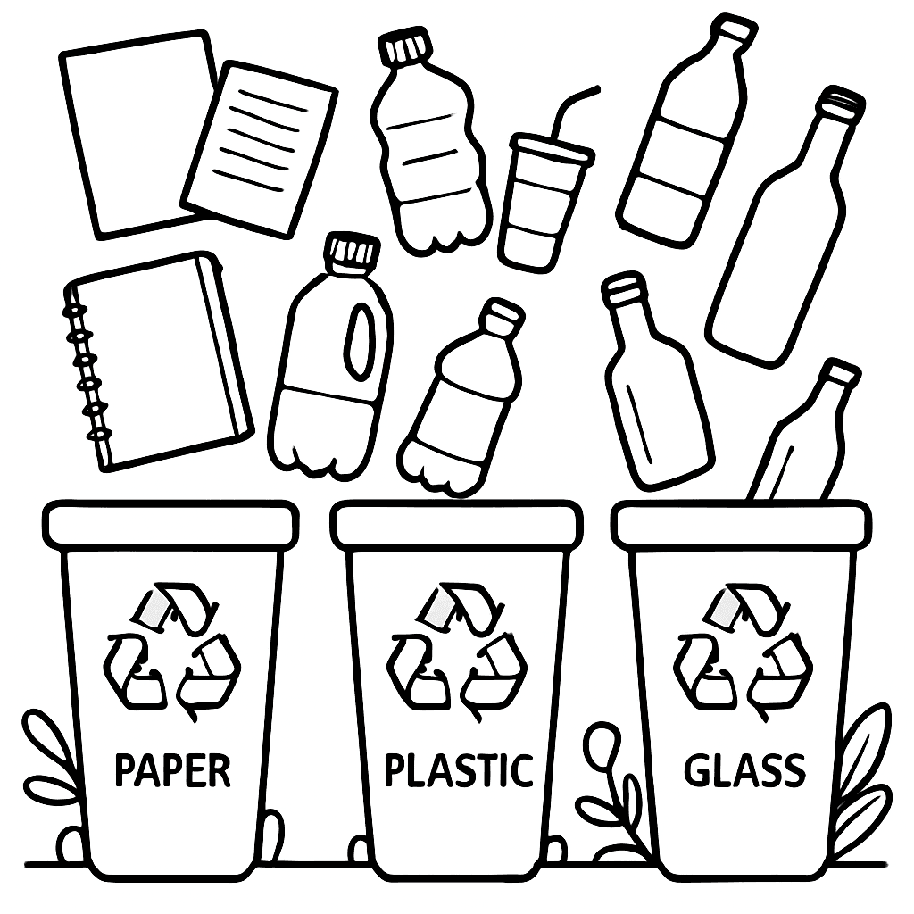 Three Recycling Bins Labeled Paper, Plastic, And Glass With Items Being Sorted Into Each