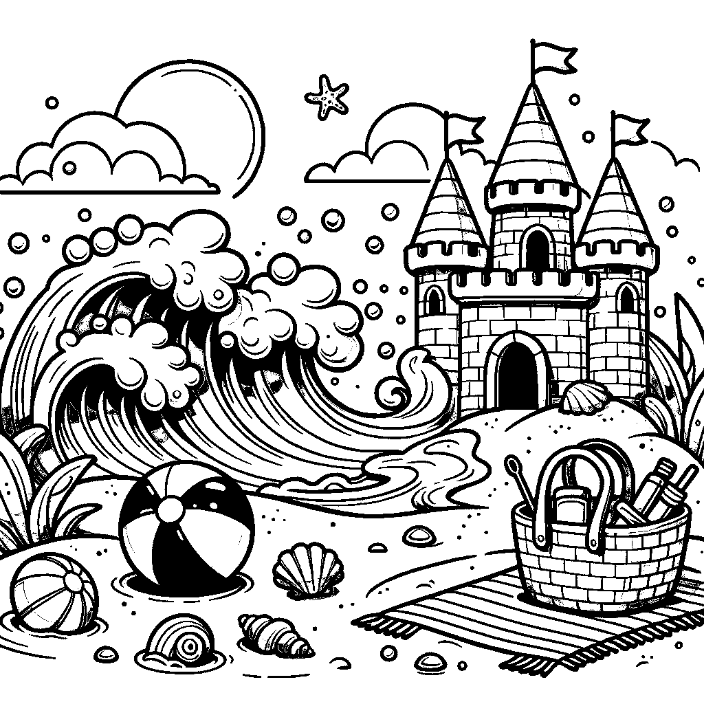 A Beach Scene With A Sandcastle, Waves, Seashells, A Beach Ball, And A Towel