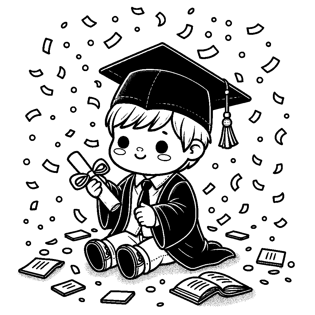A Child In A Graduation Cap And Gown Holding A Diploma With Confetti Falling