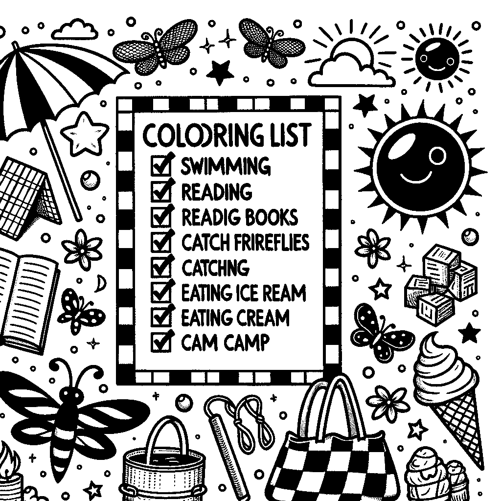 A Summer Bucket List Poster With Checkboxes: Swim, Read Books, Catch Fireflies, Eat Ice Cream, Camp