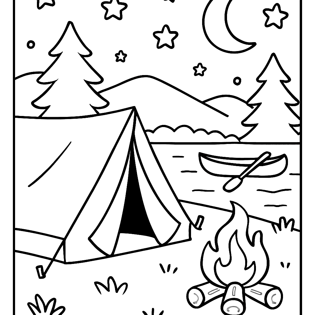 A Summer Camp Scene With A Tent, Campfire, Canoe On A Lake, And Stars In The Sky