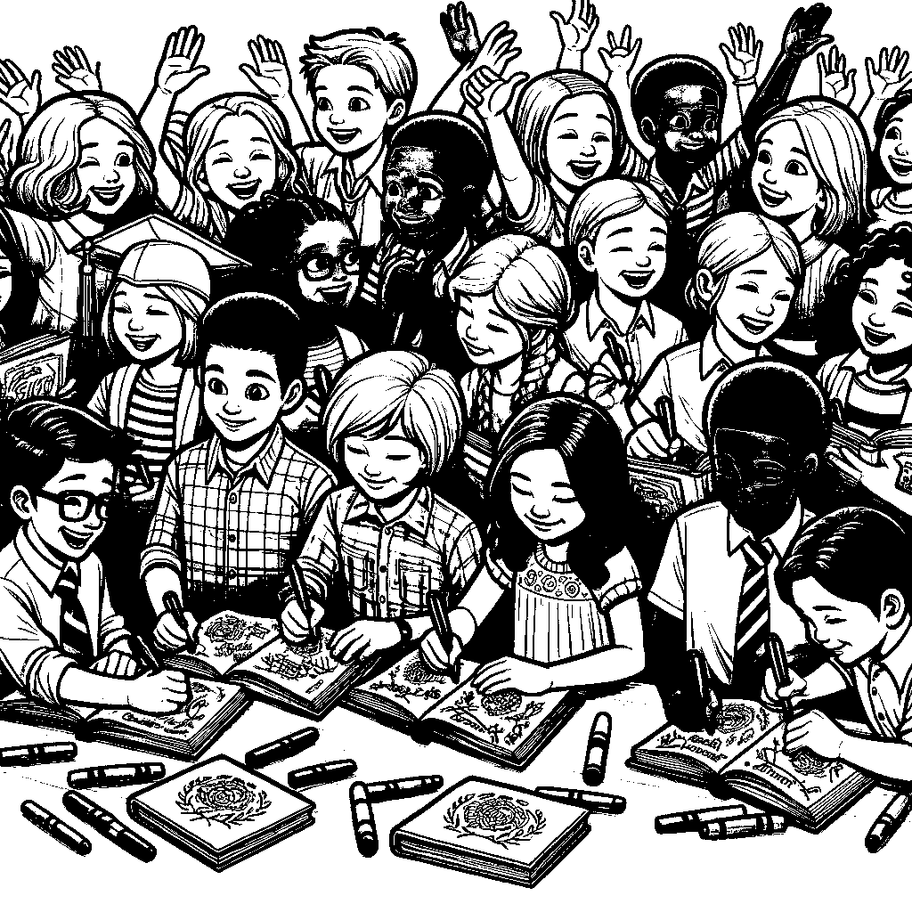 Children Signing Each Other's Yearbooks And Memory Books On The Last Day Of School