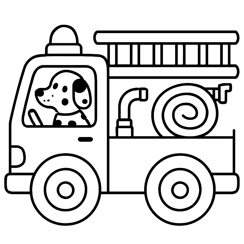 A Big Red Fire Truck With A Ladder, Hose, And A Dalmatian Dog Sitting In The Front Seat
